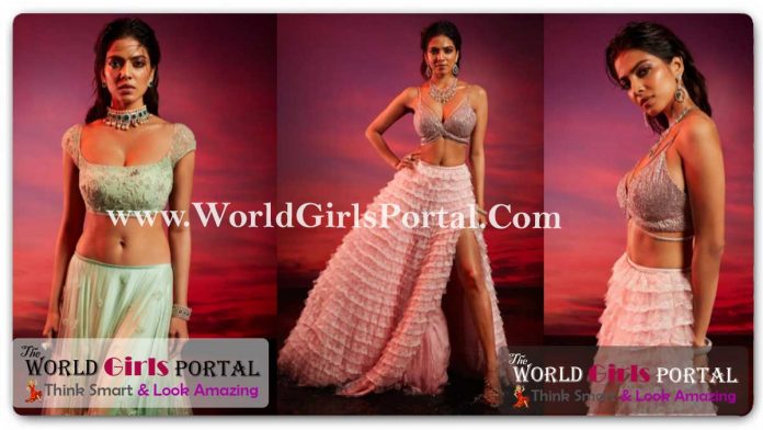 Malavika Mohanan Shimmering Bralette And Slit Skirt, Blush Pink Lehenga #MalavikaMohanan in a thigh-high slit dress