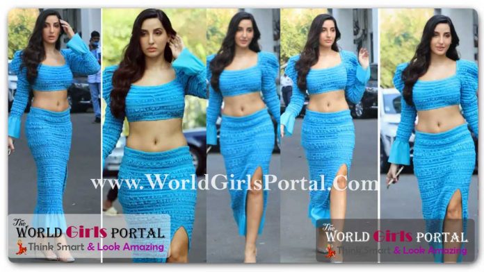 Nora Fatehi body-hugging blue co-ord set flaunting her super toned Mid-riff Baring Outfit, Check Out Diva Flaunt Her Sexy Curves
