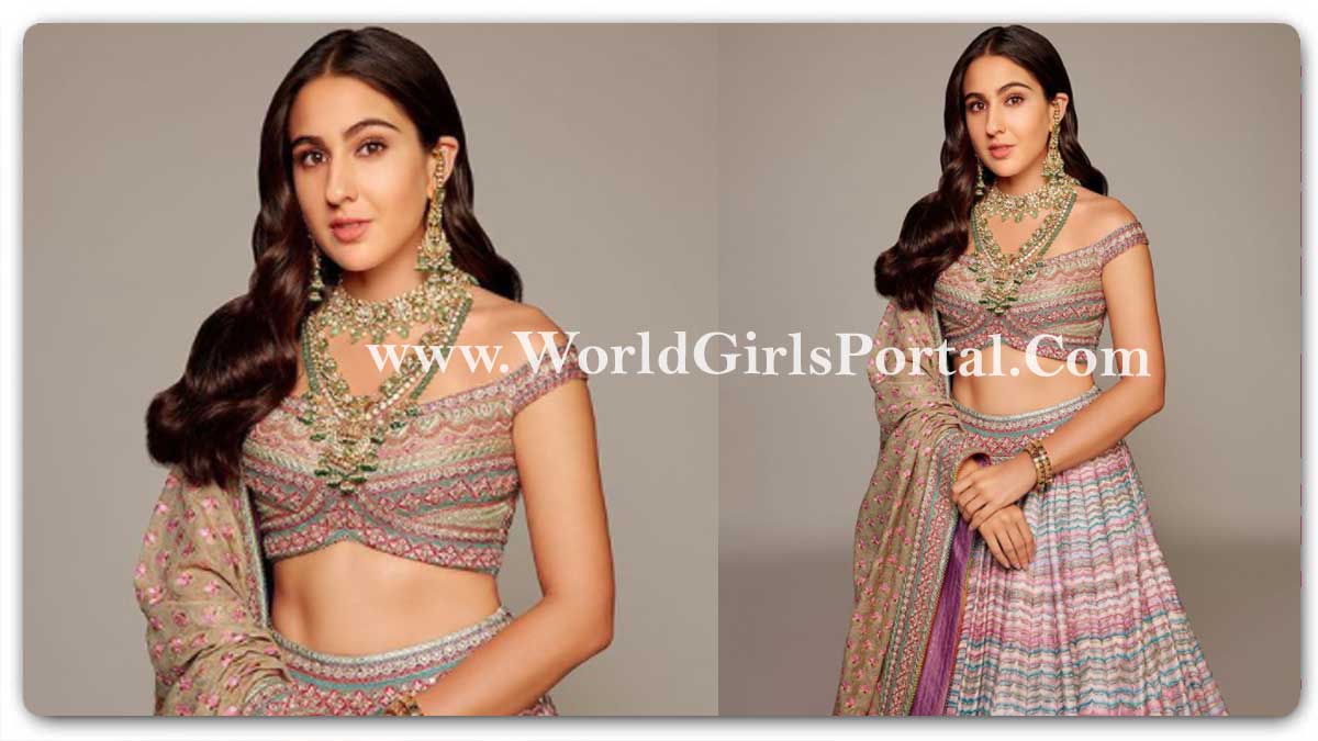 Sara Ali Khan Hand-Painted Raw Silk Lehenga and off-shoulder blouse set for a shoot Fashion Looking Royal Princess - Bollywood Traditional Fashion