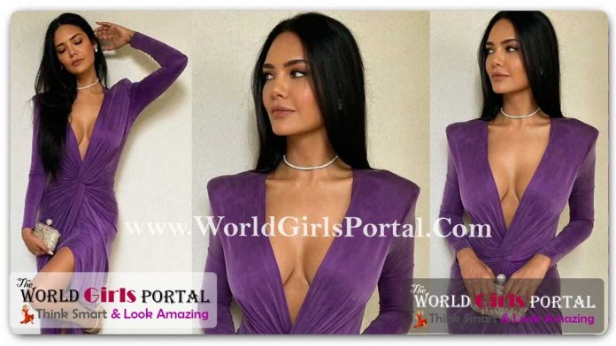 Esha Gupta Violet Gown: #EshaGupta takes UAE by storm in ₹45.5k Deep Neck gown with central slit - Indian Actress Fashion News