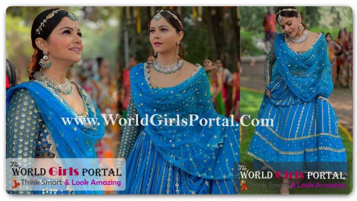 Rubina Dilaik Blue lehenga paired it with a long flowy skirt with silver zari details - Asian Beautiful Actress #RubinaDilaik Fashion News