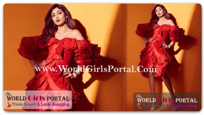 Shilpa Shetty Red dress with off-shoulders and multiple frill details at the sleeves, and below the waist - Indian Actress Fashion News