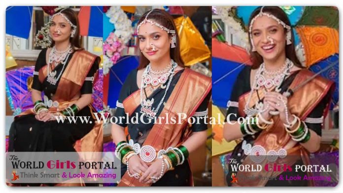 Ankita Lokhande black saree with border, heavy chunky jewelry & to give the Marwari touch, some green bangles