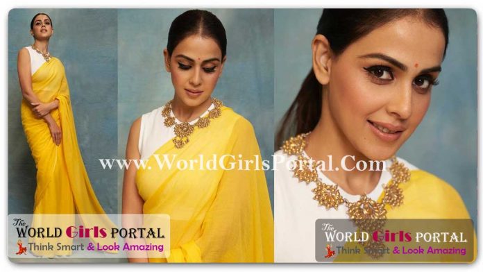 Genelia D'Souza Yellow Chiffon Saree with cut sleeves blouse in these viral pictures are enough to back our claim