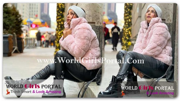 Hina Khan Fluffy Jacket-Leather Pants Winter Fashion Style 'Never Stop Looking Up' @New York