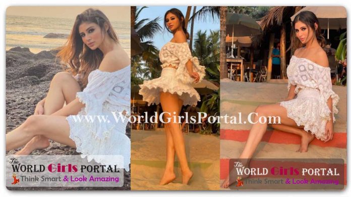 Mouni Roy off-shoulder crop top and short skirt, She enjoyed a stunning sunset on the beach in the photos