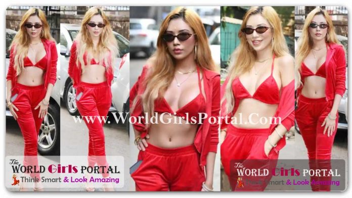 Sakshi Chopra wearing Red Hot Velvet Bikini set with Open Jacket Bottom Track Pant looking so Hot