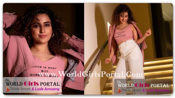 Sanya Malhotra pretty pink-white pastel graphic printed Crop Top Fashion Outfit - Indian Actress Fashion