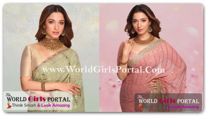 Tamannaah Bhatia ethereal warm rose and pistachio hued sarees - Jewellery Fashion Style