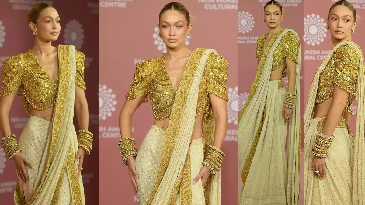 Gigi Hadid Chikankari Saree And Gold Blouse Fashion Style in NMACC, Mumbai, India Top 10 Gigi Hadid Saree Photo Gallery
